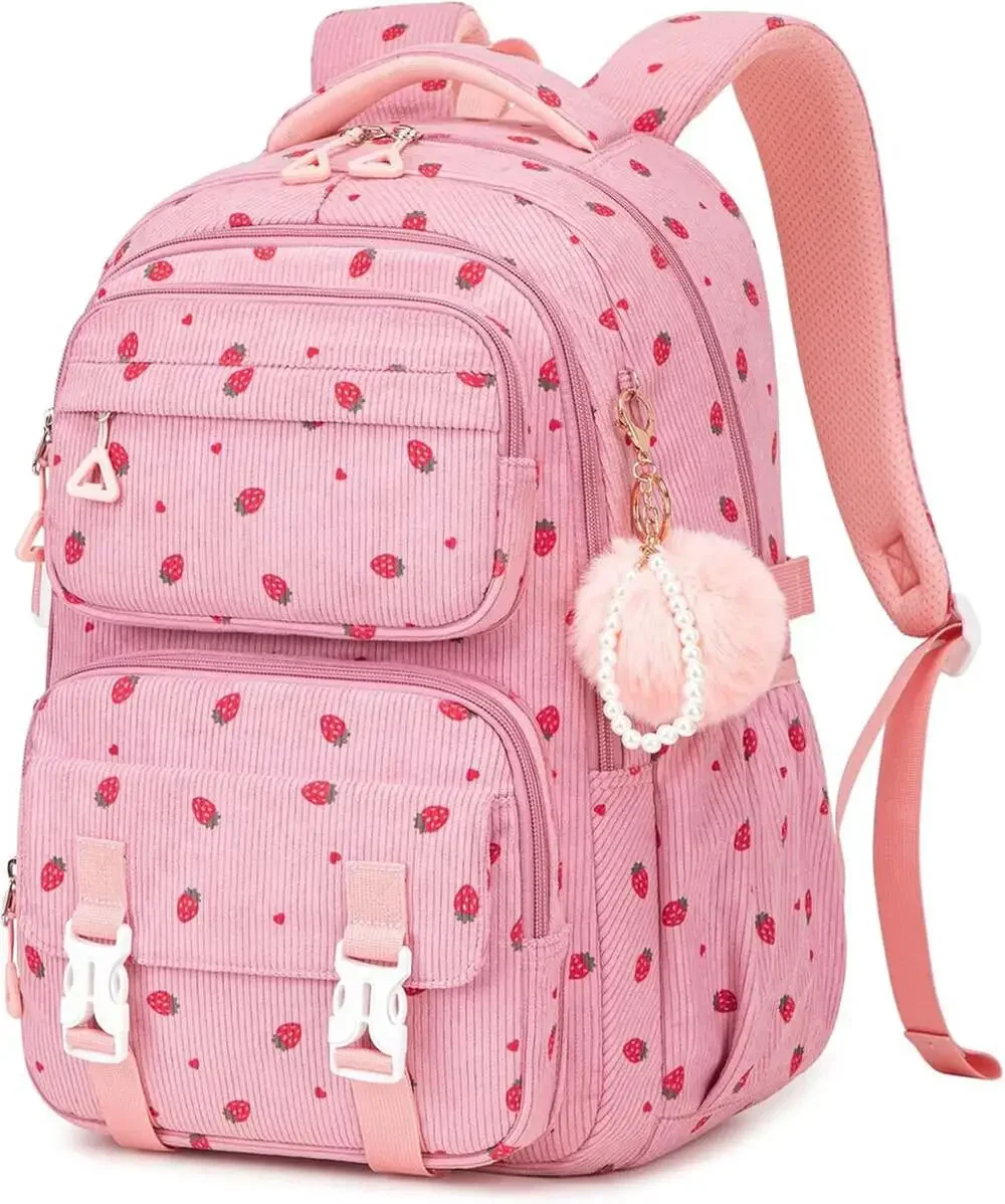 Kids Backpack for Girls Corduroy School Bag with Laptop Compartment Pink
